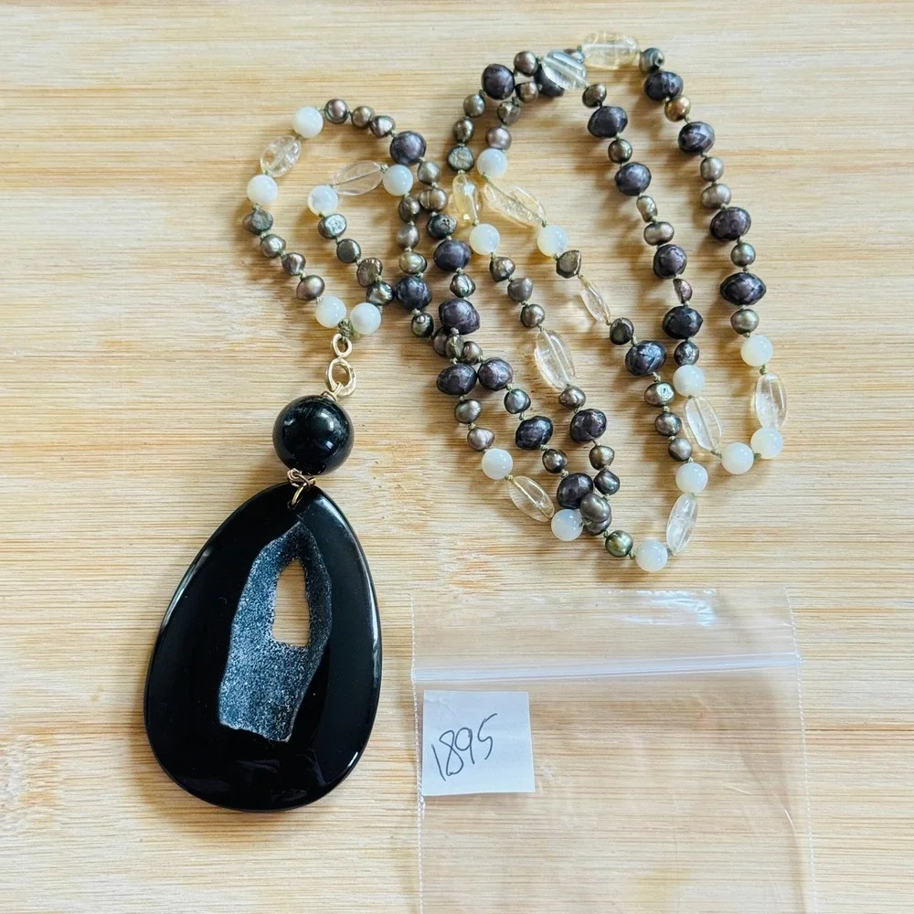 VTG‎ Y2K Pearl Druzy Onyx Citrine Necklace BOHO Artisan Mod Beaded OOAK 35